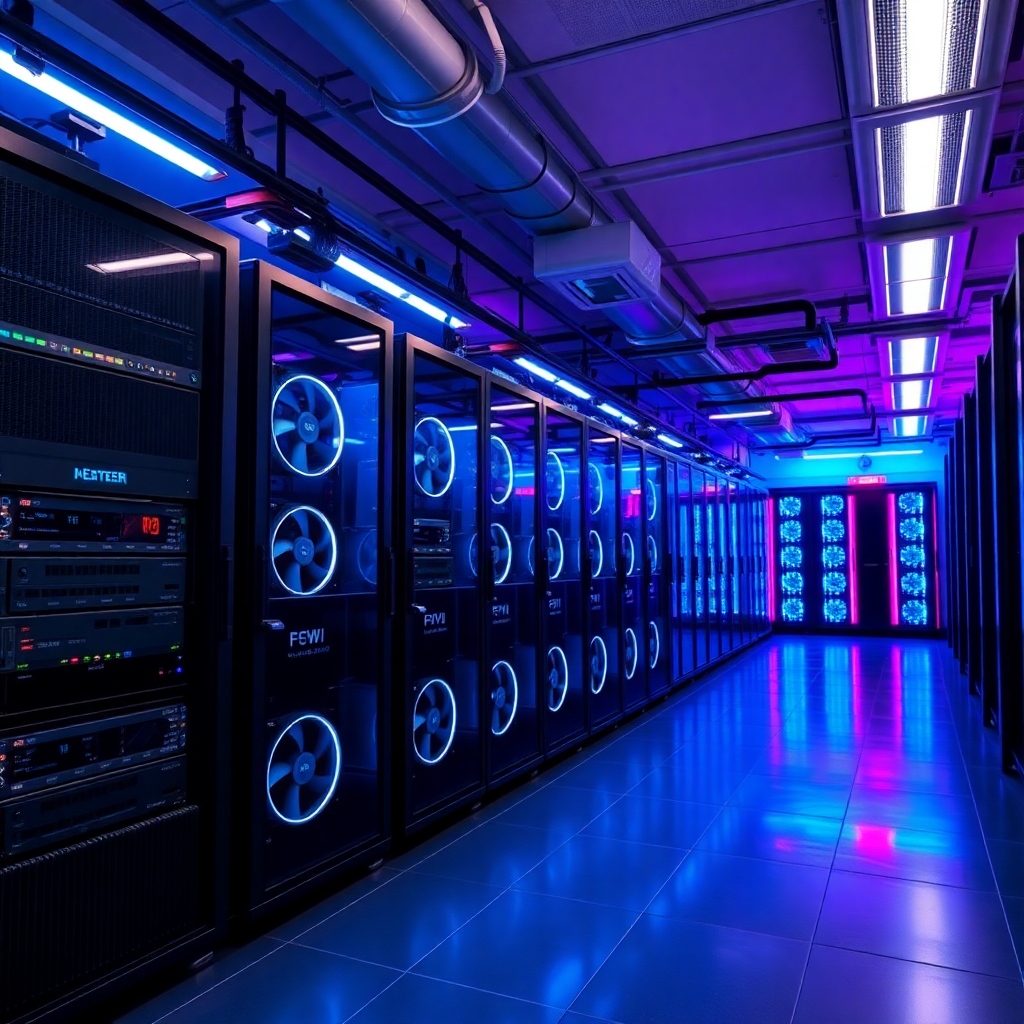 modern tech data center with GPU servers, blue and purple lighting, professional photography, high-tech atmosphere